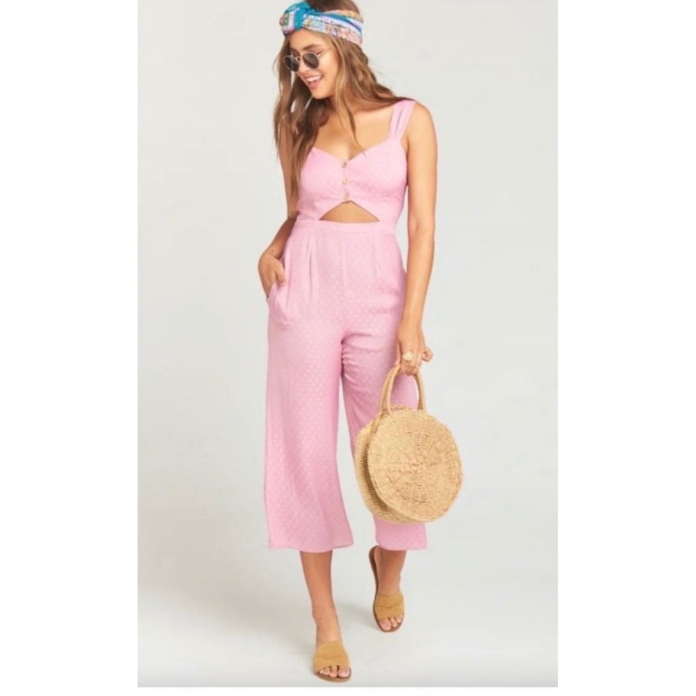 Show Me Your Mumu Jumpsuit Brighton Crop Women XL Pink Polka Dots Wide Leg New